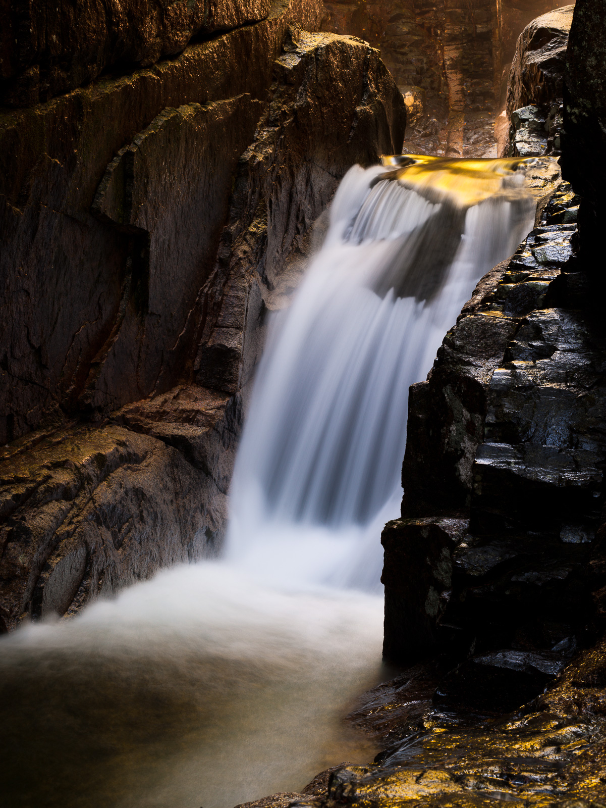 Autumn's yellow foliage illuminated by the sun give the water a welcoming glow of gold.   Sabbaday falls is a little gem off...