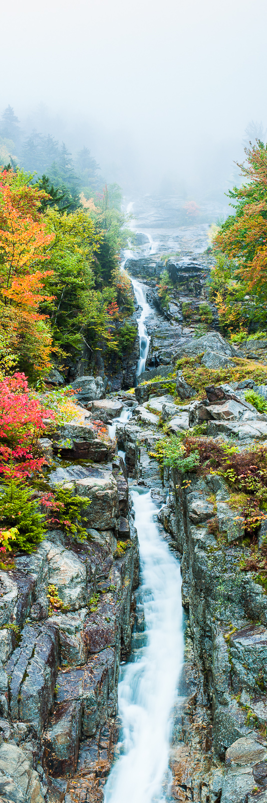 Autumn foliage highlights Crawford's Notch most famous gushing water.